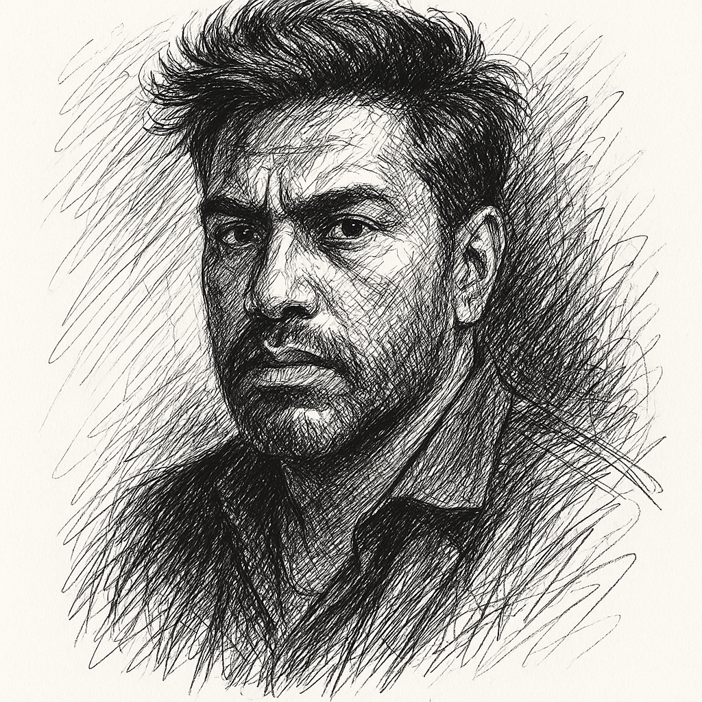 Black and white sketch of a man with intense expression