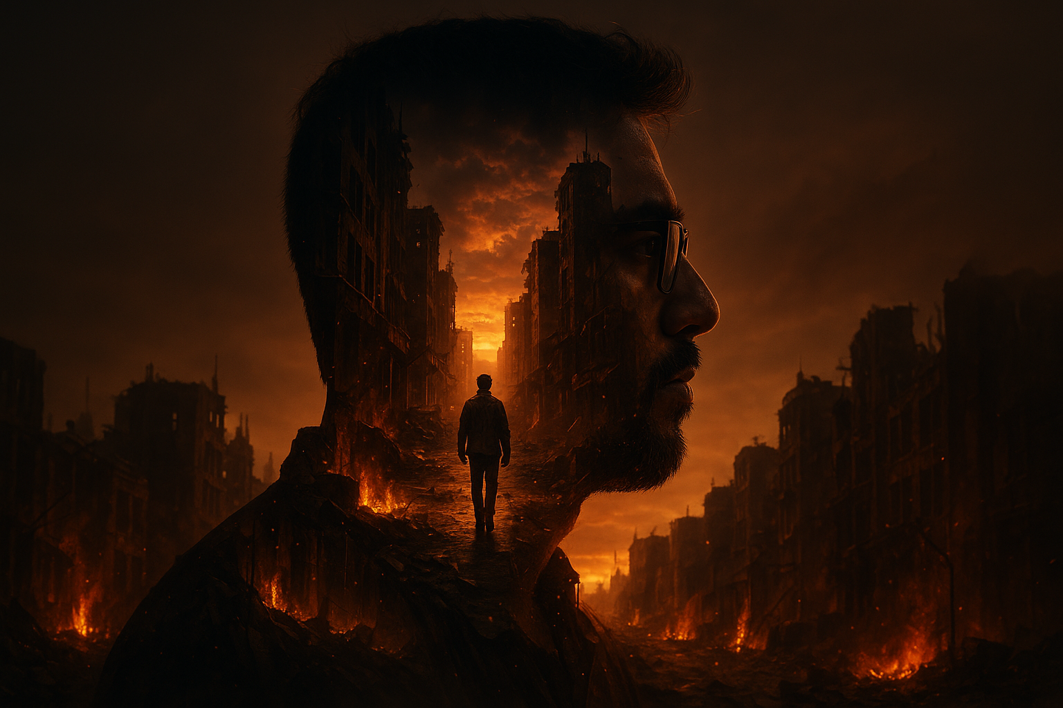 Double exposure of a man with a cityscape silhouette